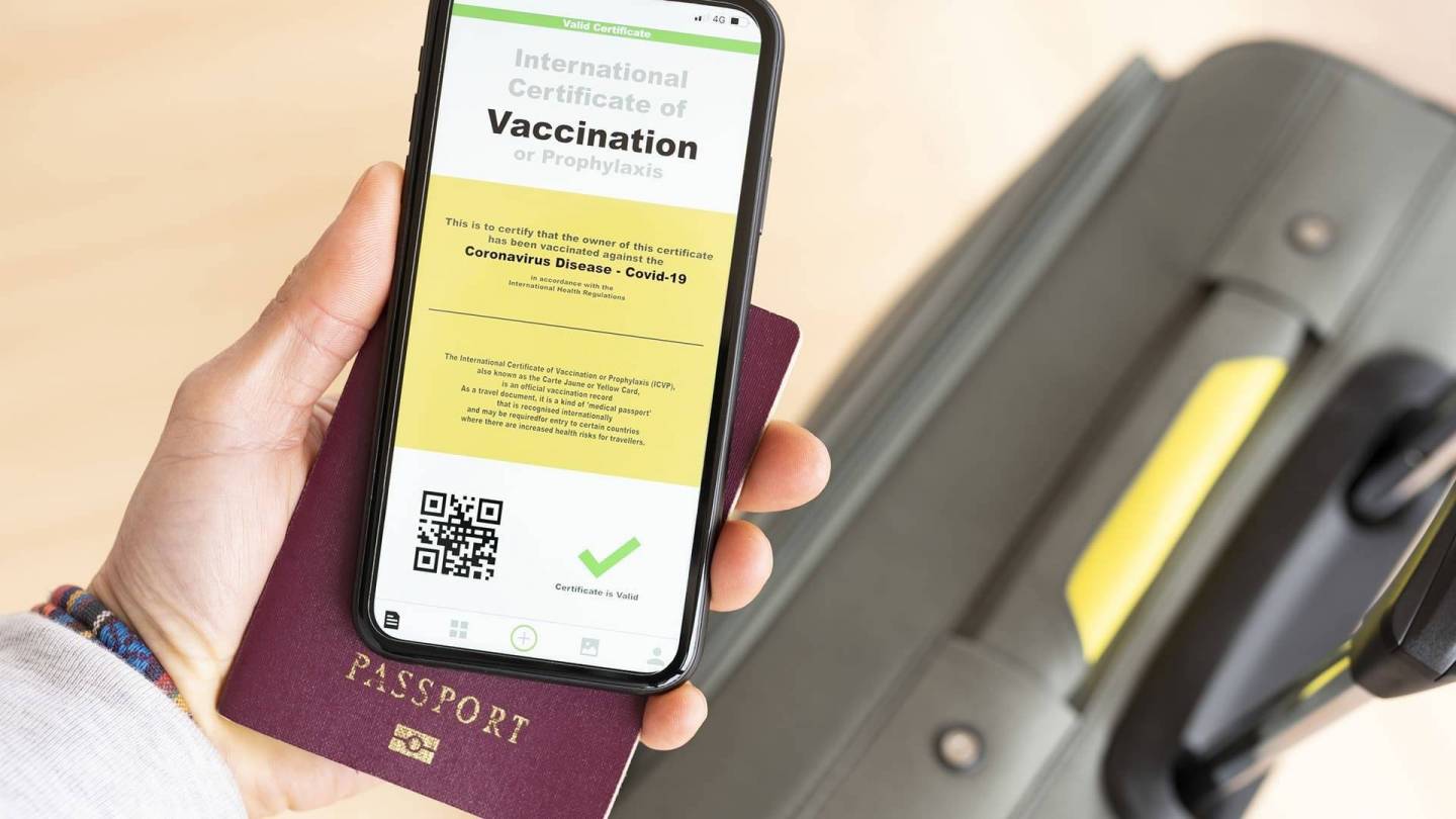 Hand holding a smartphone and passport. A digital certificate of vaccination can be seen on the smartphone screen. A suitcase can be seen in the background.