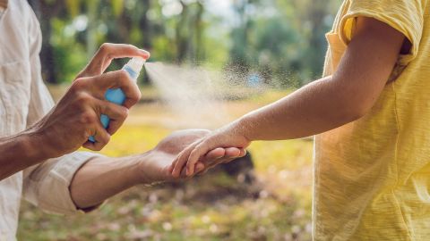 Exotic infectious diseases: close-up of hands and arms of two people wearing tee shirts against a background that looks like a park. One person is holding the other’s arm and spraying mosquito repellent on to it.
