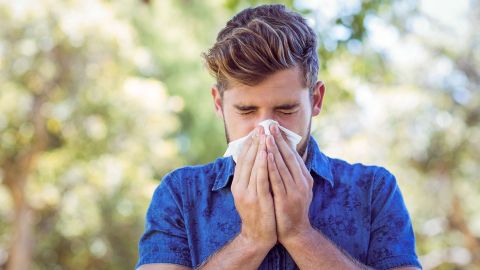 Hay fever: a man sneezing into a handkerchief