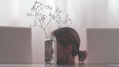 Abgebildet ist das Profil einer Frau. Ihr Gesicht ist hinter einer Blumenvase verborgen. Das Gesicht der Frau spiegelt sich verkehrt herum im Glas.