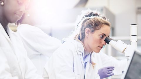 Melanoma: woman sitting in a laboratory. She is wearing a white lab coat and is looking into a microscope. More laboratory colleagues are visible in the background.