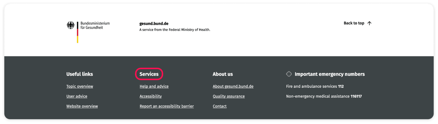 Screenshot of the footer with the areas: Useful links; Services; About us; Important emergency numbers. The “Services” area has a red frame.