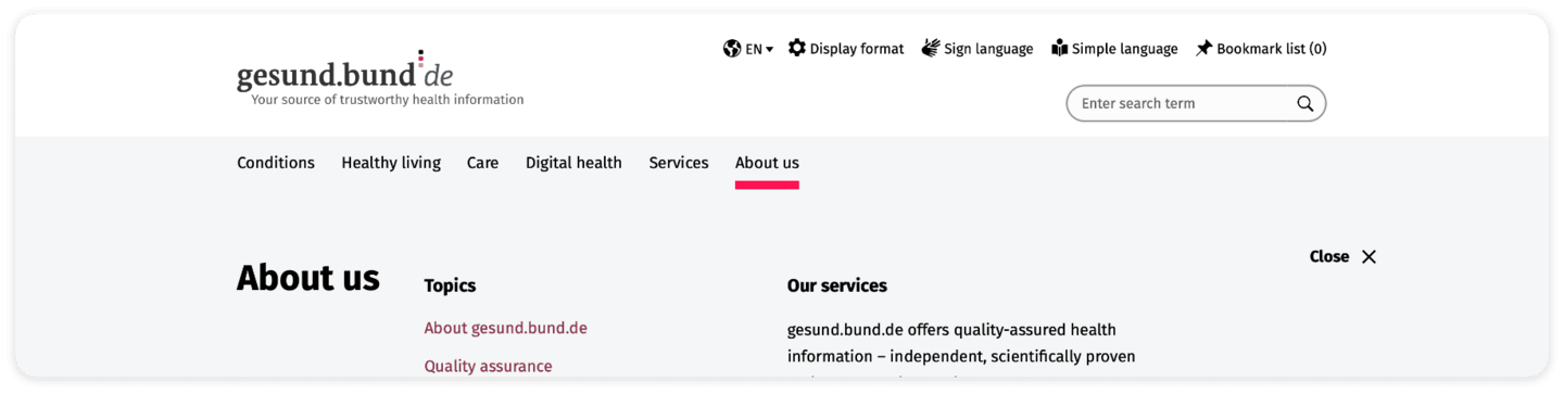 Screenshot of the main navigation: Conditions, Healthy living, Care, Digital health, Services and About us. The About us area has a red line below it.