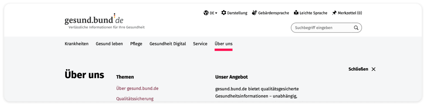 Screenshot der Hauptnavigation: Krankheiten, Gesund leben, Pflege, Gesundheit Digital, Service und Über uns. Der Bereich Über uns ist rot unterstrichen.