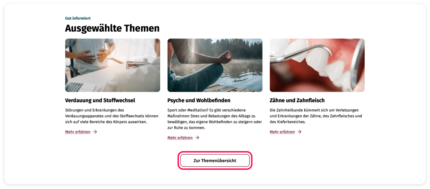 Ein Screenshot zeigt den Bereich "Ausgewählte Themen". Hier werden drei Themen vorgeschlagen. Das Feld "Zur Themenübersicht" ist rot umrahmt.