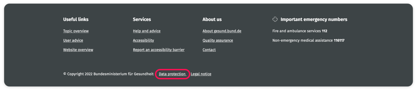 Screenshot of the footer with the “Copyright” area. The “Data protection” field has a red frame.