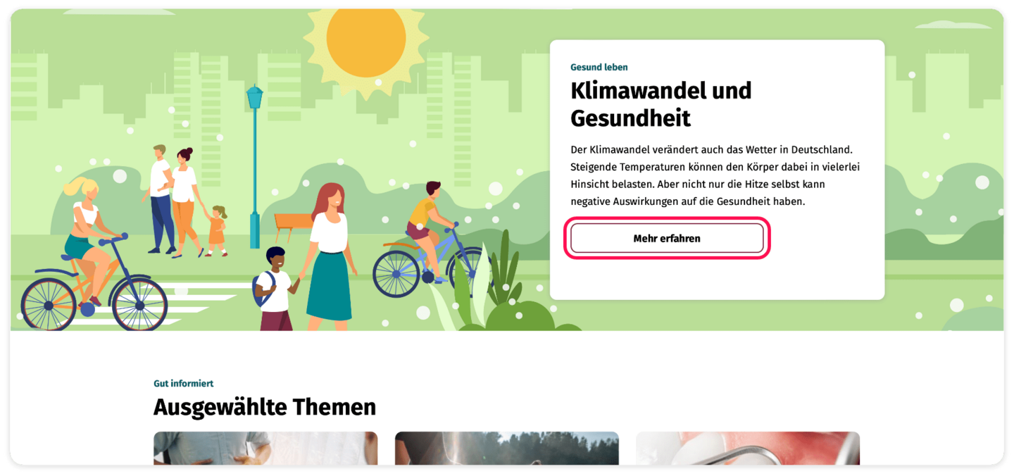 Screenshot des Themen-Spezials zum Thema Klimawandel und Gesundheit. Das Feld "Mehr erfahren" ist rot umrahmt.