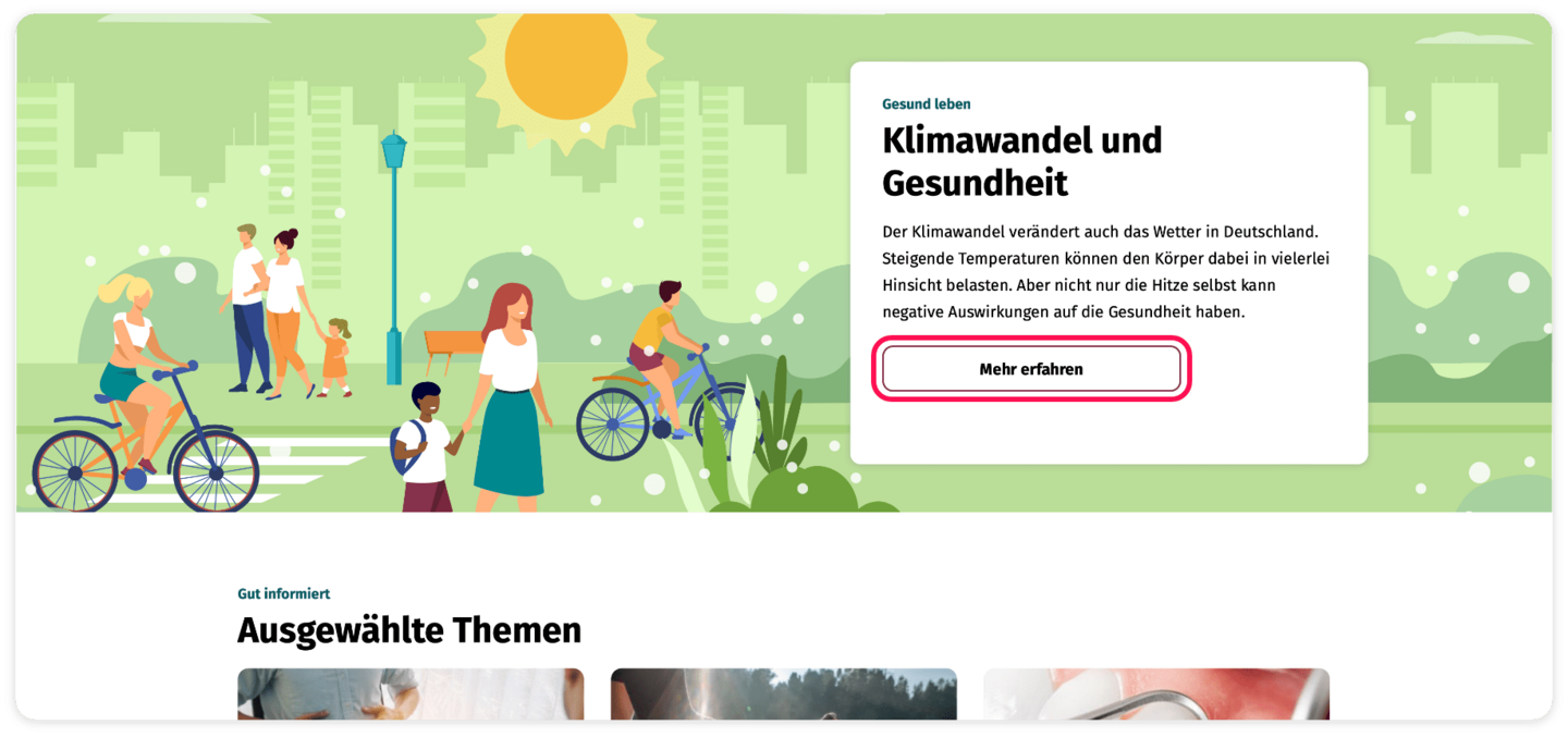 Screenshot des Themen-Spezials zum Thema Klimawandel und Gesundheit. Das Feld "Mehr erfahren" ist rot umrahmt.