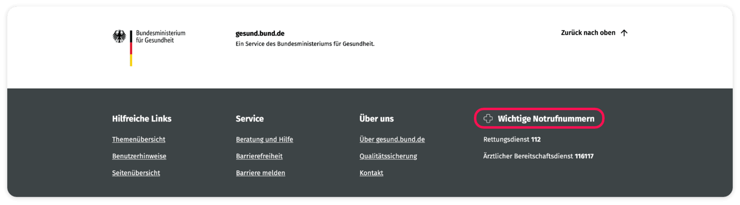 Screenshot des Footers mit den Bereichen: Hilfreiche Links; Service; Über uns; Wichtige Notrufnummern. Der Bereich "Wichtige Notrufnummern" ist rot umrahmt.