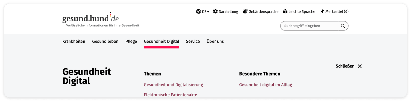 Screenshot der Hauptnavigation: Krankheiten, Gesund leben, Pflege, Gesundheit Digital, Service und Über uns. Der Bereich Gesundheit Digital ist rot unterstrichen.