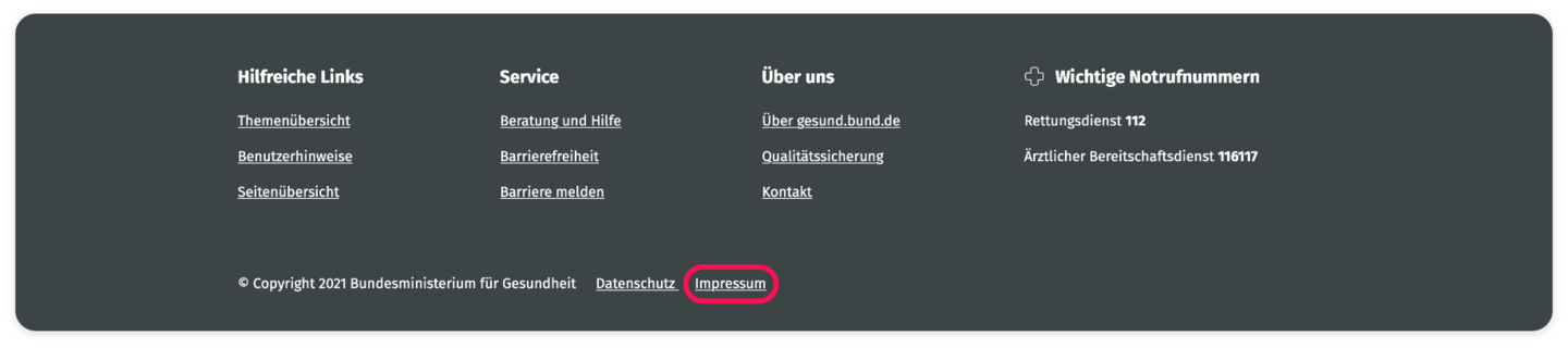 Screenshot des Footers mit dem Bereich "Copyright". Das Feld "Impressum" ist rot umrahmt.