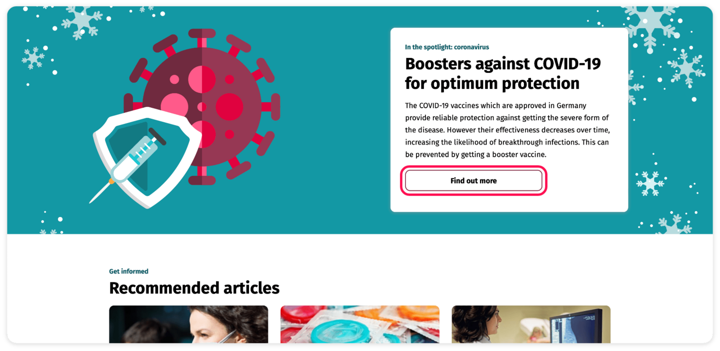 Screenshot of the topic special about vaccinations. The “Find out more” field has a red frame.