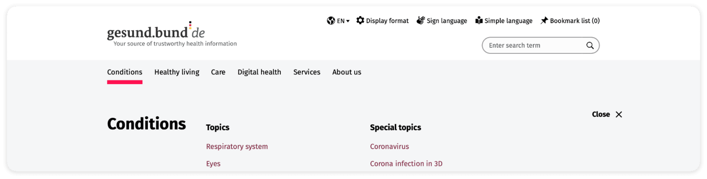 Screenshot of the main navigation: Conditions, Healthy living, Care, Digital health, Services and About us. The Conditions area has a red line below it.