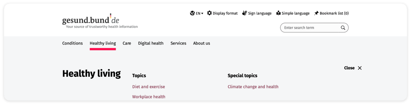 Screenshot of the main navigation: Conditions, Healthy living, Care, Digital health, Services and About us. The Healthy living area has a red line below it.