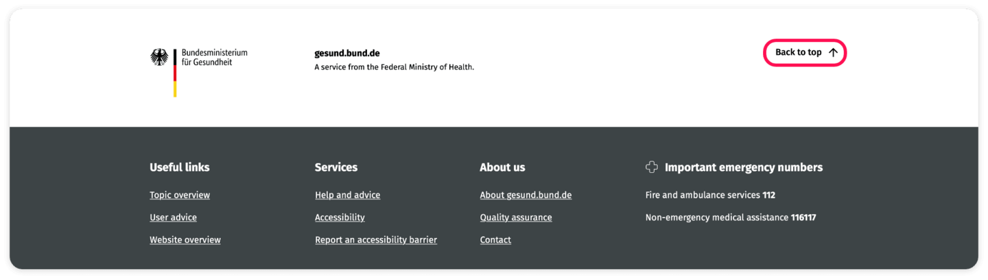 Screenshot of the footer. The “Back to top” field has a red frame and is indicated by an arrow.