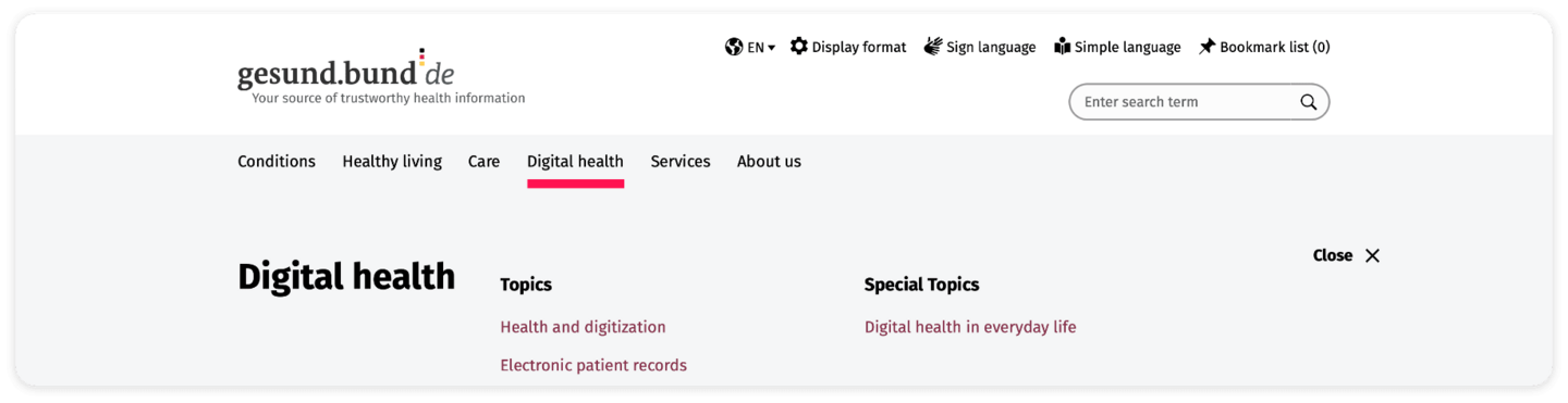 Screenshot of the main navigation: Conditions, Healthy living, Care, Digital health, Services and About us. The Digital health area has a red line below it.
