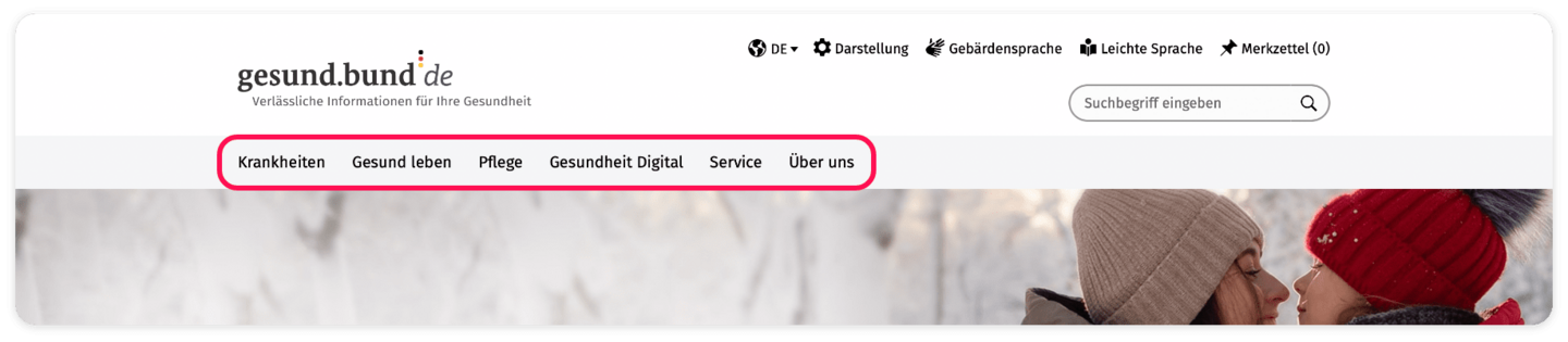 Screenshot der Hauptnavigation: Krankheiten, Gesund leben, Pflege, Gesundheit Digital, Service und Über uns.