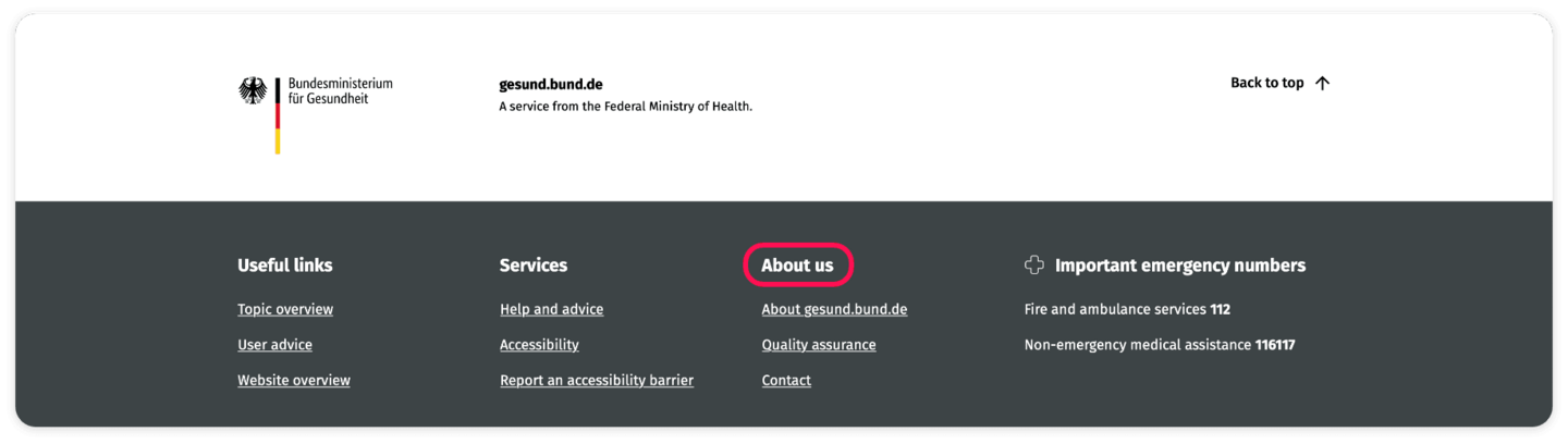 Screenshot of the footer with the areas: Useful links; Services; About us; Important emergency numbers. The “About us” area has a red frame.