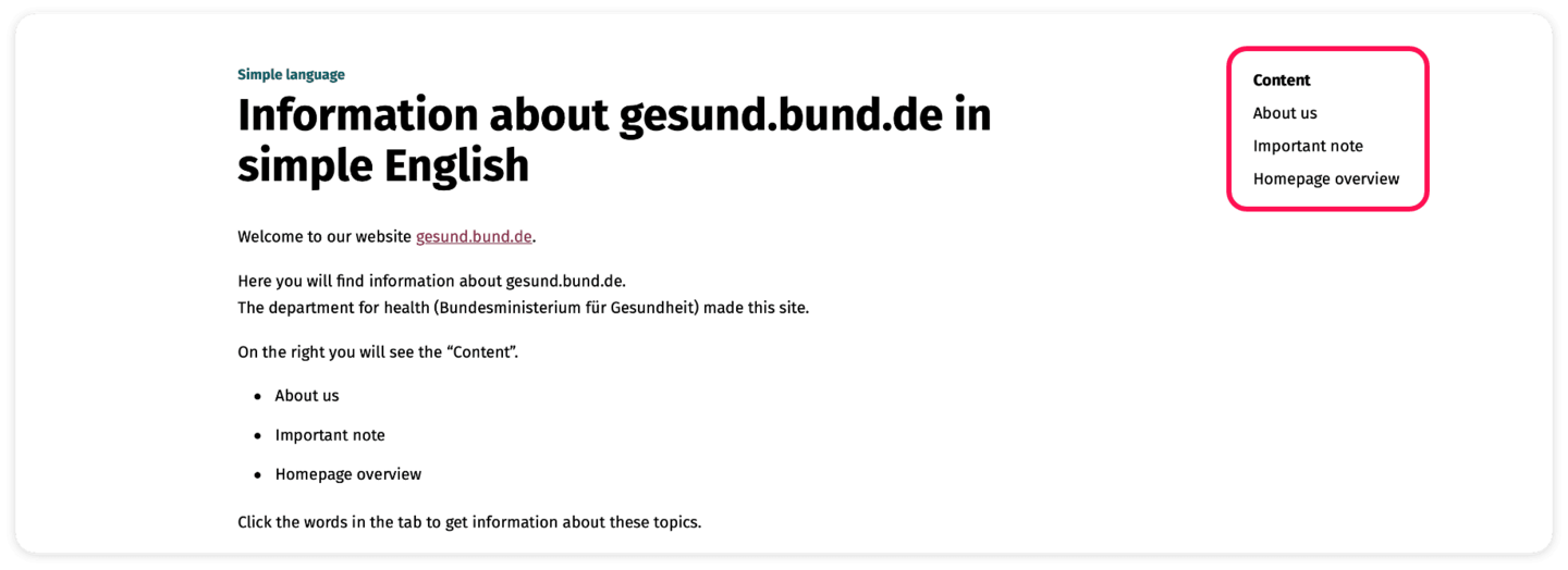 Screenshot of the Simple language page with a navigation on the right of the screen: About us; Important note; Homepage overview; Further links. It has a red frame.