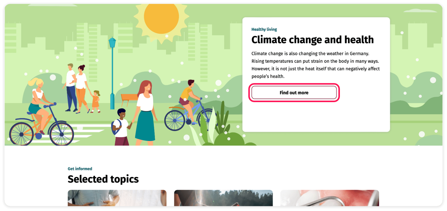 Screenshot of the topic special about Climate change and health. The “Find out more” field has a red frame.