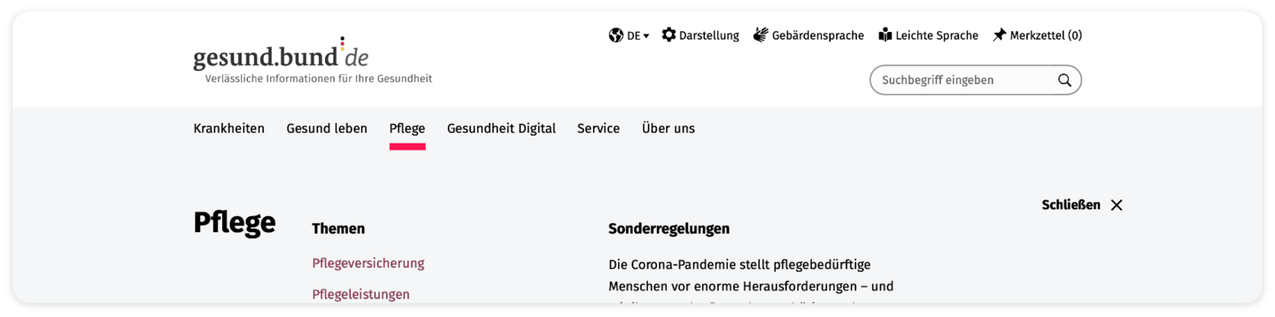 Screenshot der Hauptnavigation: Krankheiten, Gesund leben, Pflege, Gesundheit Digital, Service und Über uns. Der Bereich Pflege ist rot unterstrichen.