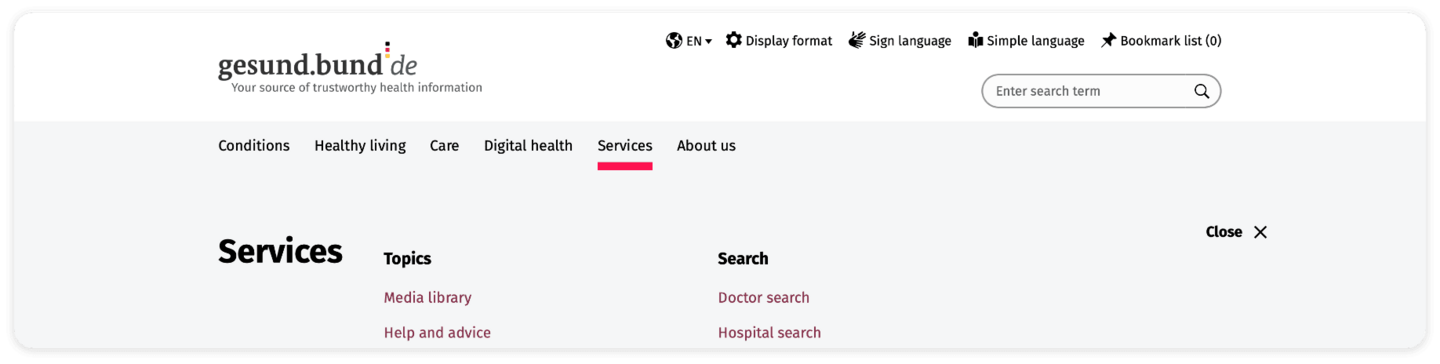 Screenshot of the main navigation: Conditions, Healthy living, Care, Digital health, Services and About us. The Services area has a red line below it.