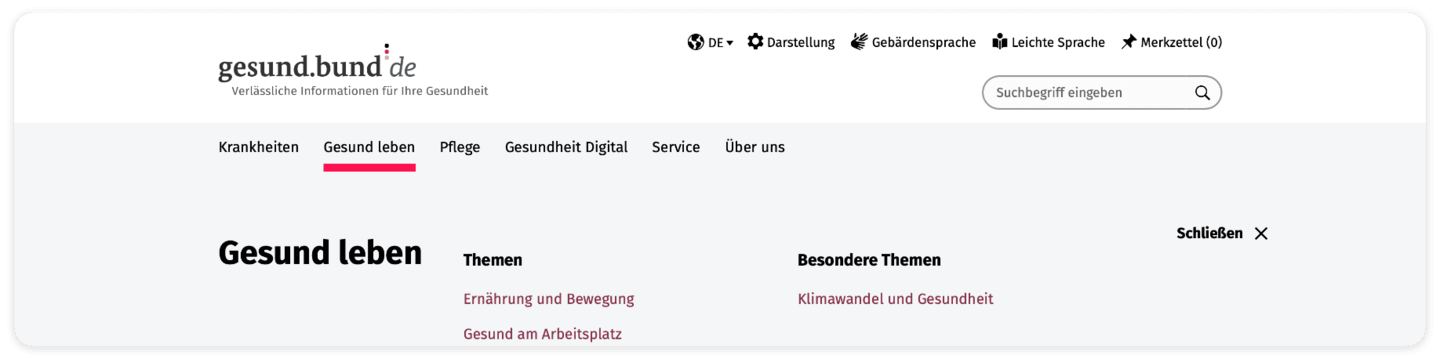 Screenshot der Hauptnavigation: Krankheiten, Gesund leben, Pflege, Gesundheit Digital, Service und Über uns. Der Bereich Gesund leben ist rot unterstrichen.