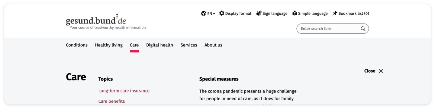 Screenshot of the main navigation: Conditions, Healthy living, Care, Digital health, Services and About us. The Care area has a red line below it.