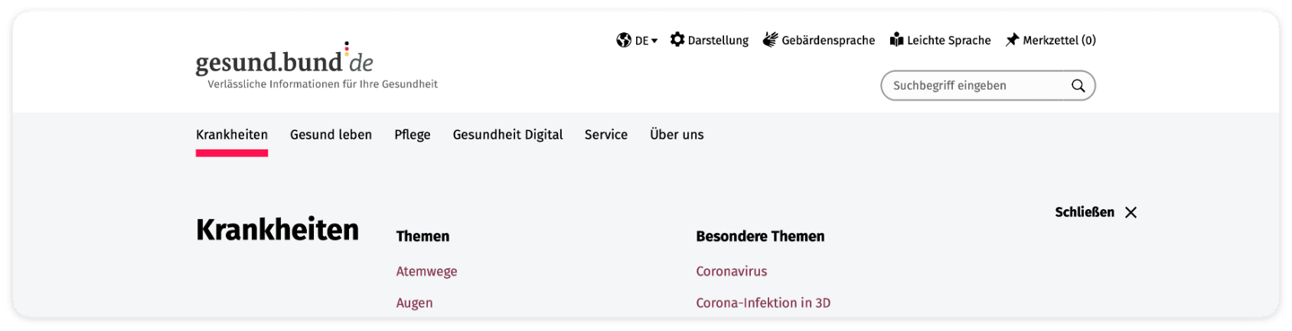 Screenshot der Hauptnavigation: Krankheiten, Gesund leben, Pflege, Gesundheit Digital, Service und Über uns. Der Bereich Krankheiten ist rot unterstrichen.