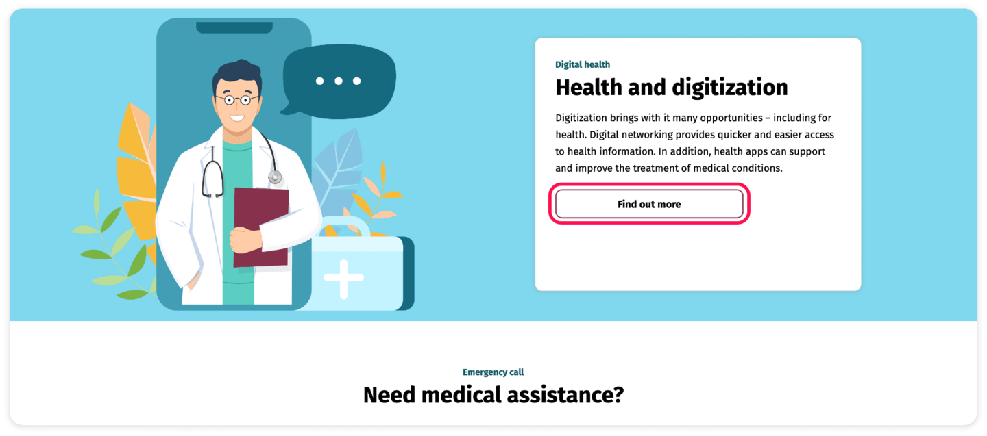 Screenshot of the topic special about Health and digitization. The “Find out more” field has a red frame.