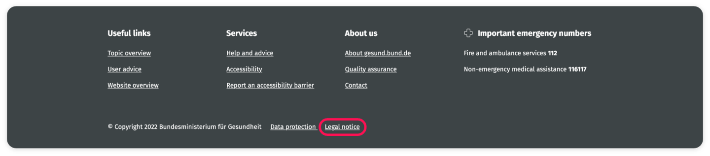 Screenshot of the footer with the “Copyright” area. The “Legal notice” field has a red frame.